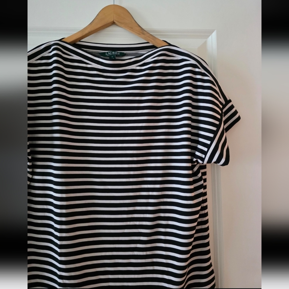 Lauren Ralph Lauren Striped Boat Neck Short Sleeve Shirt White And Black Wmns S